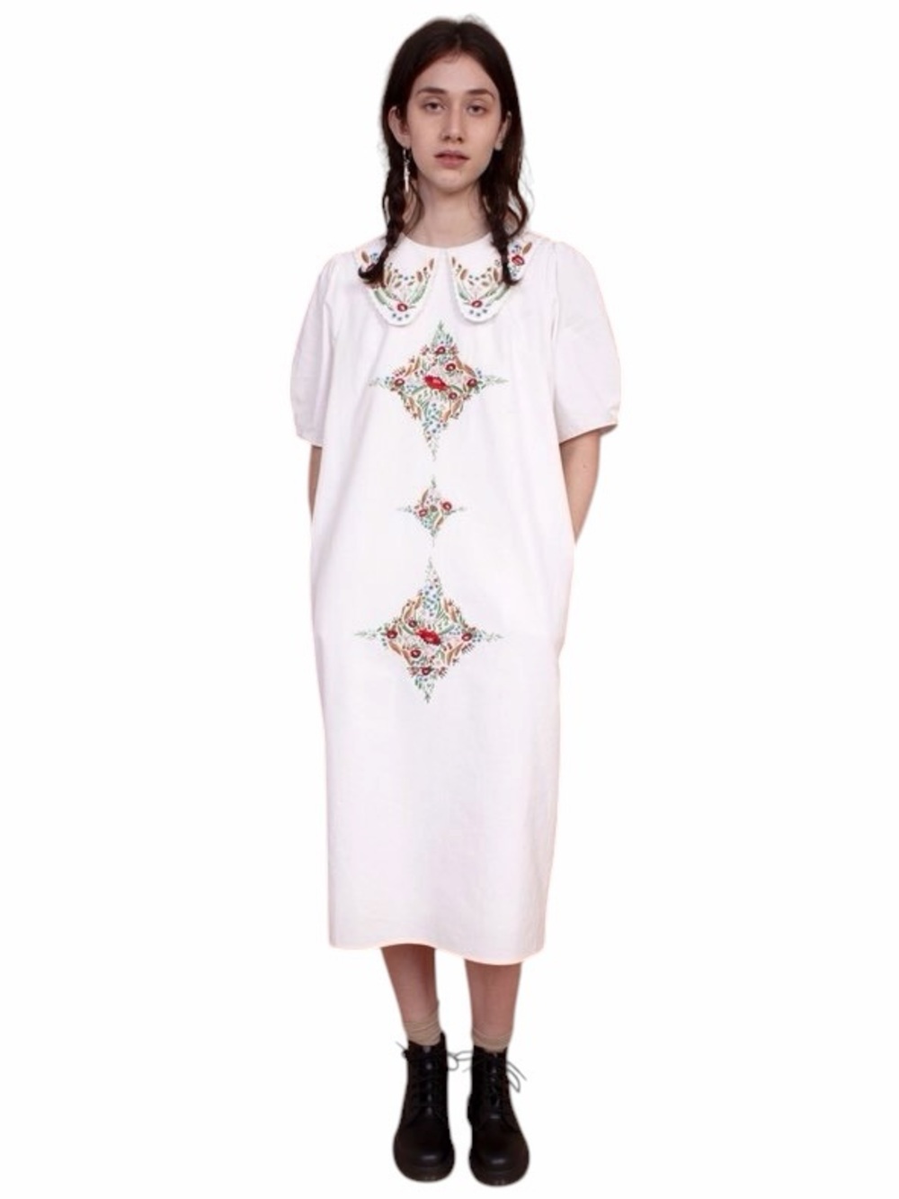 Meadows The Hawthorn Embroidered Midi Dress with Peter Pan Collar Size 8